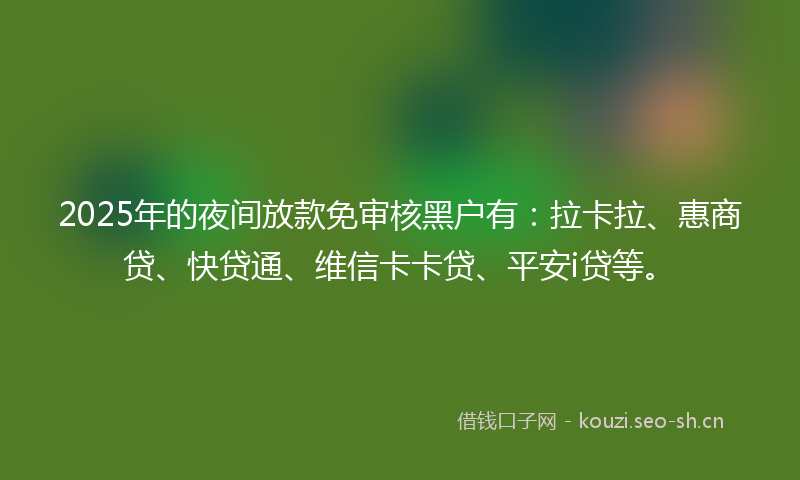 2025年的夜间放款免审核黑户有：拉卡拉、惠商贷、快贷通、维信卡卡贷、平安i贷等。