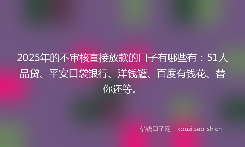 2025年的不审核直接放款的口子有哪些有：51人品贷、平安口袋银行、洋钱罐、百度有钱花、替你还等。