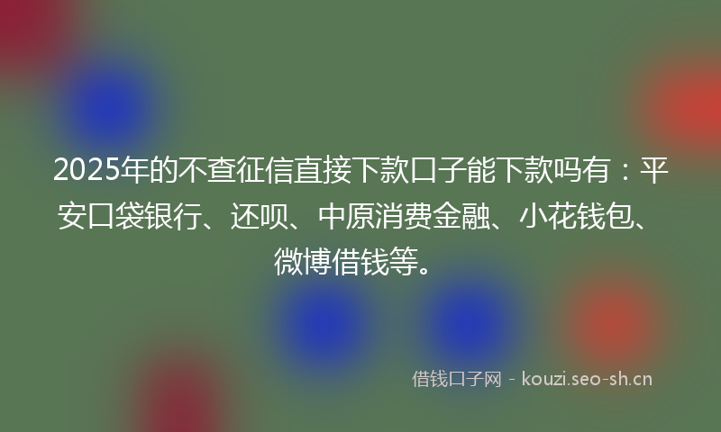 2025年的不查征信直接下款口子能下款吗有：平安口袋银行、还呗、中原消费金融、小花钱包、微博借钱等。