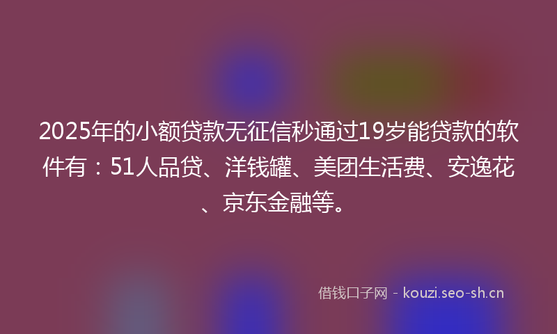 2025年的小额贷款无征信秒通过19岁能贷款的软件有：51人品贷、洋钱罐、美团生活费、安逸花、京东金融等。