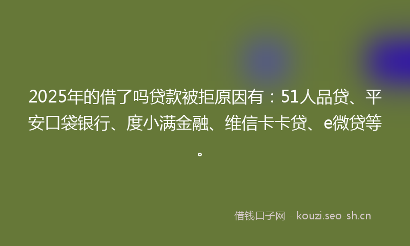 2025年的借了吗贷款被拒原因有：51人品贷、平安口袋银行、度小满金融、维信卡卡贷、e微贷等。