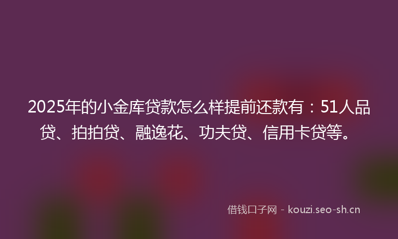 2025年的小金库贷款怎么样提前还款有:51人品贷、拍拍贷、融逸花、功夫贷、信用卡贷等。