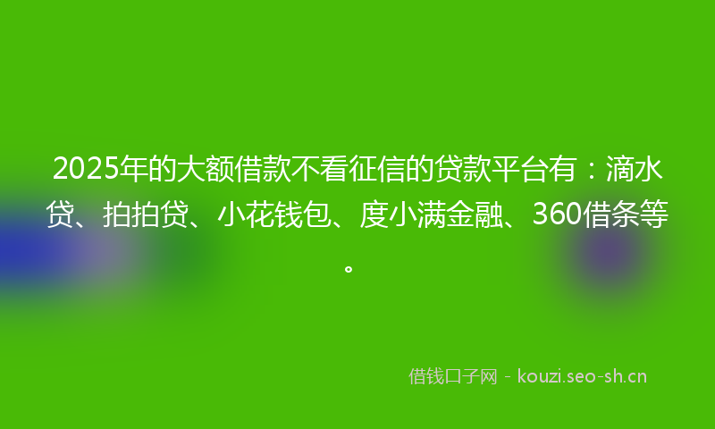 2025年的大额借款不看征信的贷款平台有：滴水贷、拍拍贷、小花钱包、度小满金融、360借条等。
