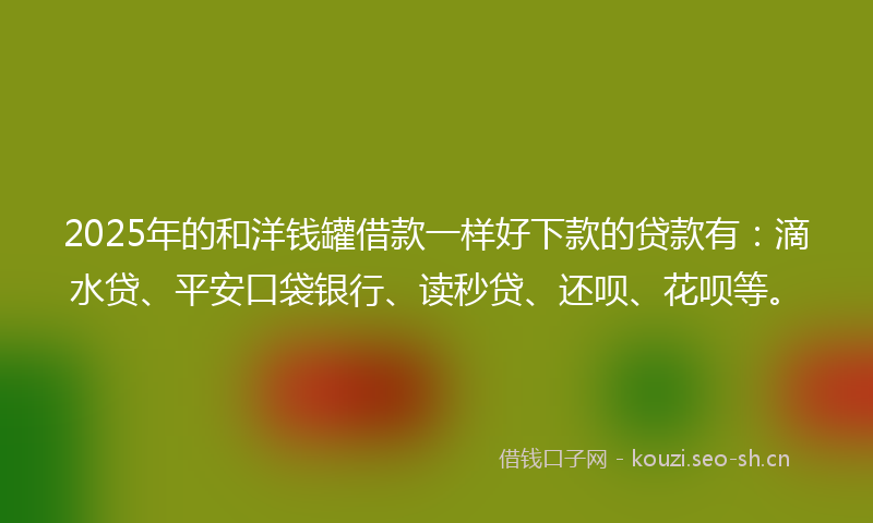2025年的和洋钱罐借款一样好下款的贷款有：滴水贷、平安口袋银行、读秒贷、还呗、花呗等。