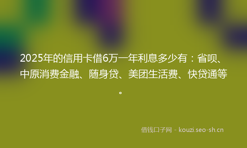 2025年的信用卡借6万一年利息多少有：省呗、中原消费金融、随身贷、美团生活费、快贷通等。