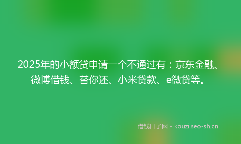 2025年的小额贷申请一个不通过有：京东金融、微博借钱、替你还、小米贷款、e微贷等。