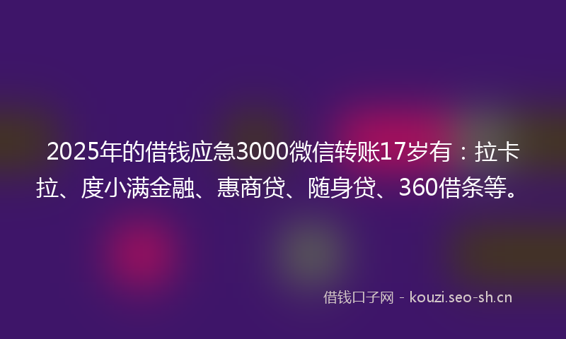 2025年的借钱应急3000微信转账17岁有：拉卡拉、度小满金融、惠商贷、随身贷、360借条等。