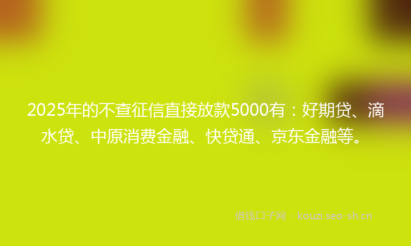 2025年的不查征信直接放款5000有：好期贷、滴水贷、中原消费金融、快贷通、京东金融等。