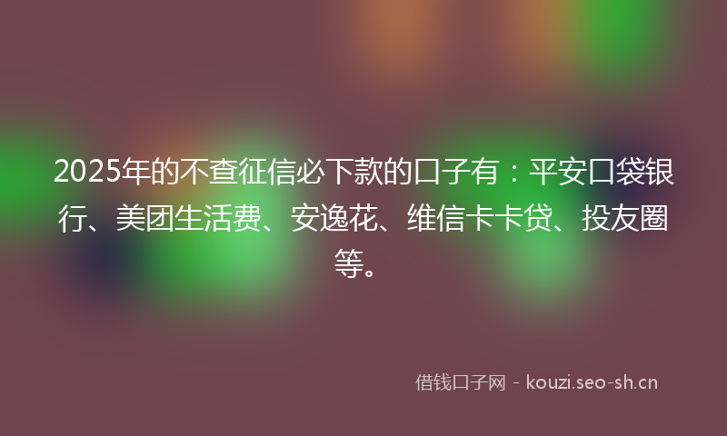 2025年的不查征信必下款的口子有：平安口袋银行、美团生活费、安逸花、维信卡卡贷、投友圈等。