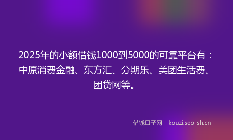 2025年的小额借钱1000到5000的可靠平台有：中原消费金融、东方汇、分期乐、美团生活费、团贷网等。