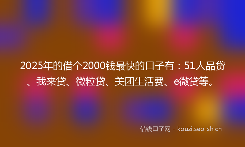 2025年的借个2000钱最快的口子有：51人品贷、我来贷、微粒贷、美团生活费、e微贷等。