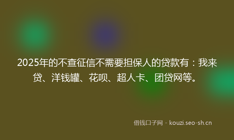 2025年的不查征信不需要担保人的贷款有：我来贷、洋钱罐、花呗、超人卡、团贷网等。