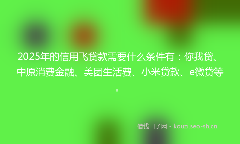 2025年的信用飞贷款需要什么条件有：你我贷、中原消费金融、美团生活费、小米贷款、e微贷等。