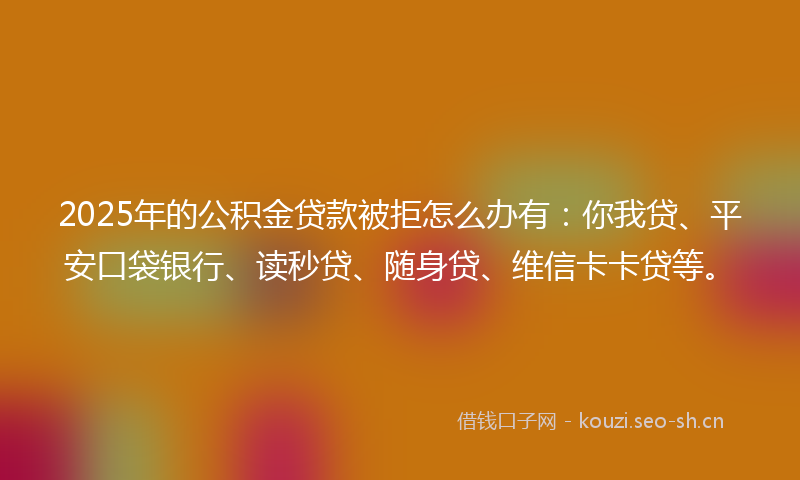 2025年的公积金贷款被拒怎么办有：你我贷、平安口袋银行、读秒贷、随身贷、维信卡卡贷等。