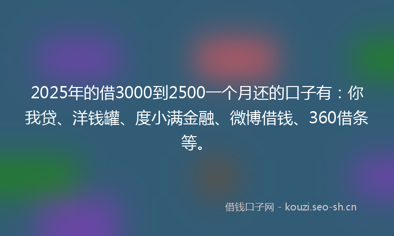2025年的借3000到2500一个月还的口子有：你我贷、洋钱罐、度小满金融、微博借钱、360借条等。