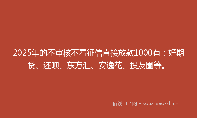 2025年的不审核不看征信直接放款1000有：好期贷、还呗、东方汇、安逸花、投友圈等。