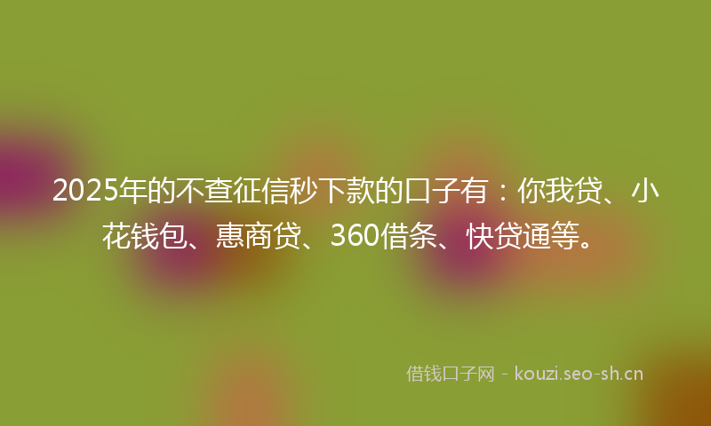 2025年的不查征信秒下款的口子有：你我贷、小花钱包、惠商贷、360借条、快贷通等。