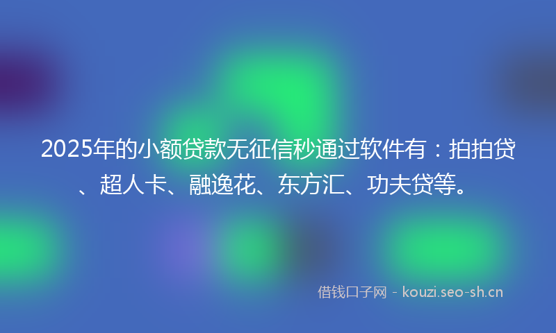 2025年的小额贷款无征信秒通过软件有：拍拍贷、超人卡、融逸花、东方汇、功夫贷等。