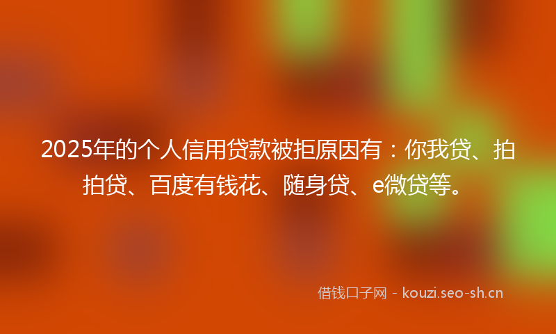 2025年的个人信用贷款被拒原因有：你我贷、拍拍贷、百度有钱花、随身贷、e微贷等。