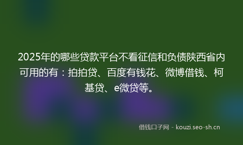 2025年的哪些贷款平台不看征信和负债陕西省内可用的有：拍拍贷、百度有钱花、微博借钱、柯基贷、e微贷等。
