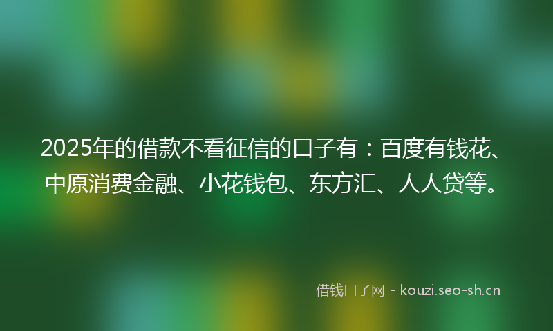 2025年的借款不看征信的口子有：百度有钱花、中原消费金融、小花钱包、东方汇、人人贷等。