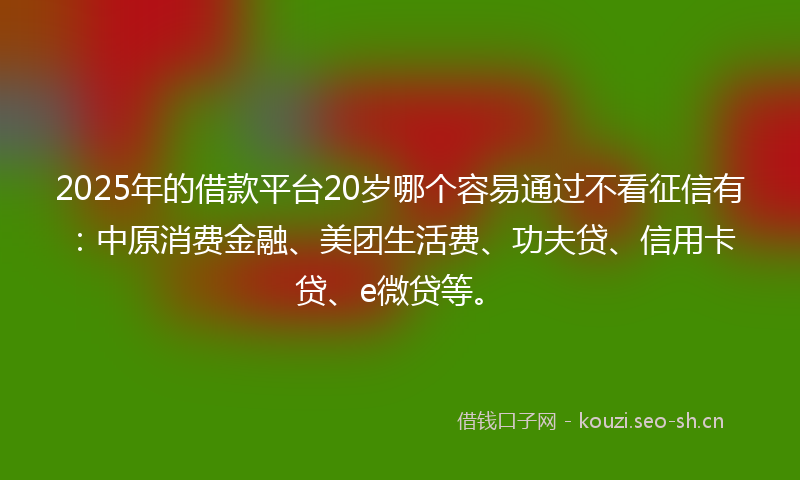 2025年的借款平台20岁哪个容易通过不看征信有：中原消费金融、美团生活费、功夫贷、信用卡贷、e微贷等。