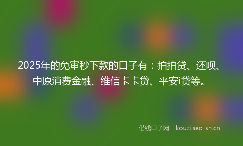 2025年的免审秒下款的口子有：拍拍贷、还呗、中原消费金融、维信卡卡贷、平安i贷等。
