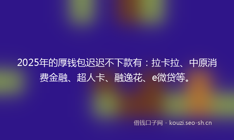 2025年的厚钱包迟迟不下款有：拉卡拉、中原消费金融、超人卡、融逸花、e微贷等。