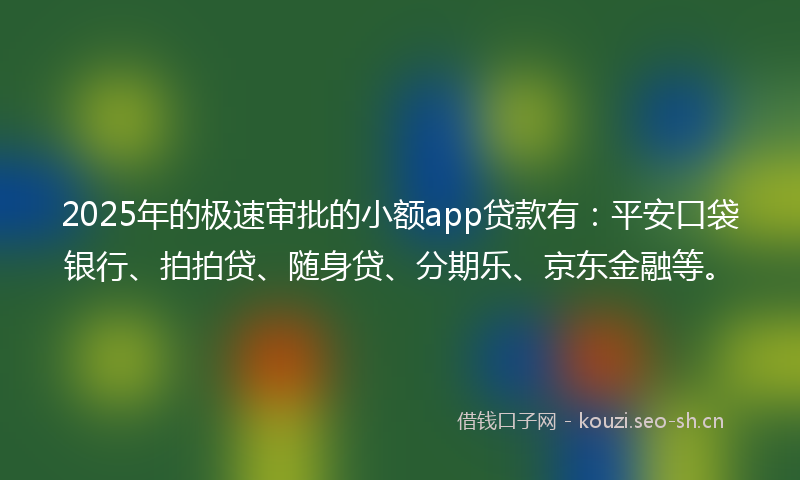 2025年的极速审批的小额app贷款有：平安口袋银行、拍拍贷、随身贷、分期乐、京东金融等。