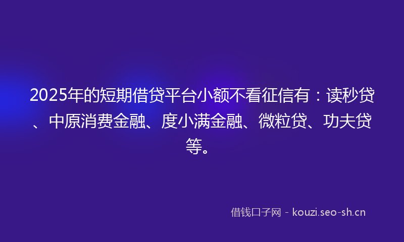 2025年的短期借贷平台小额不看征信有：读秒贷、中原消费金融、度小满金融、微粒贷、功夫贷等。