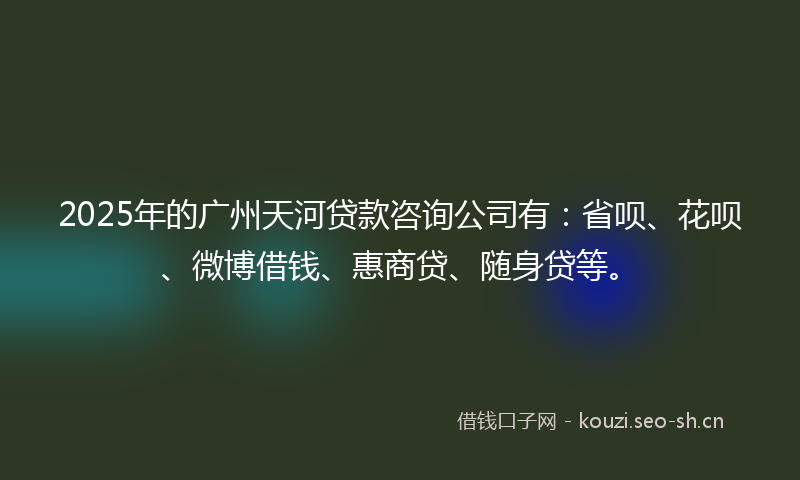 2025年的广州天河贷款咨询公司有：省呗、花呗、微博借钱、惠商贷、随身贷等。