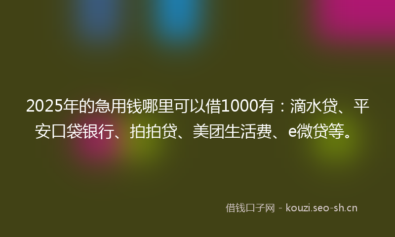 2025年的急用钱哪里可以借1000有：滴水贷、平安口袋银行、拍拍贷、美团生活费、e微贷等。