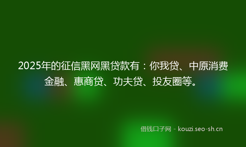 2025年的征信黑网黑贷款有：你我贷、中原消费金融、惠商贷、功夫贷、投友圈等。