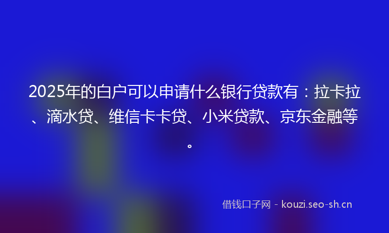 2025年的白户可以申请什么银行贷款有：拉卡拉、滴水贷、维信卡卡贷、小米贷款、京东金融等。