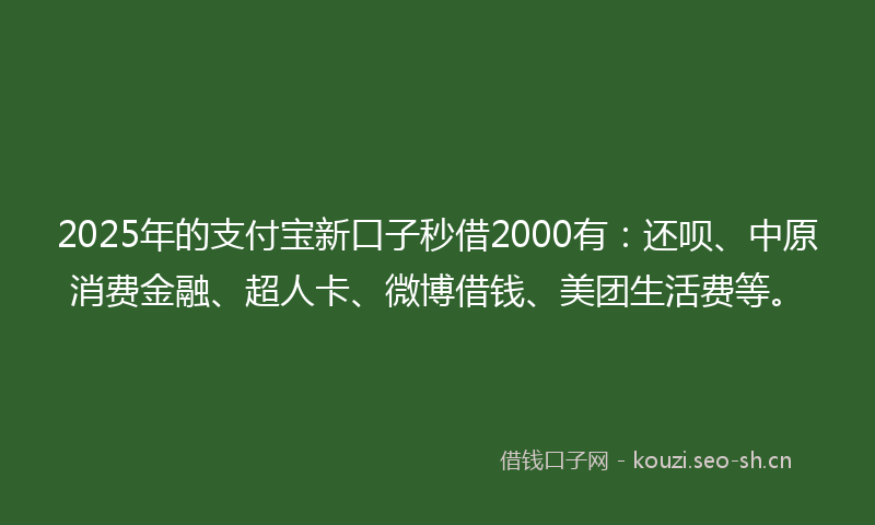 2025年的支付宝新口子秒借2000有：还呗、中原消费金融、超人卡、微博借钱、美团生活费等。