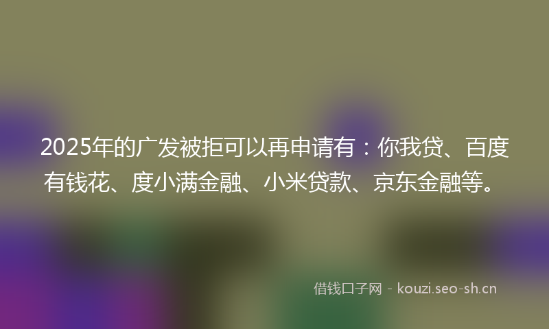 2025年的广发被拒可以再申请有：你我贷、百度有钱花、度小满金融、小米贷款、京东金融等。