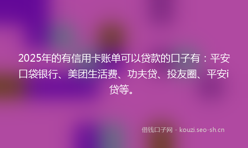 2025年的有信用卡账单可以贷款的口子有：平安口袋银行、美团生活费、功夫贷、投友圈、平安i贷等。