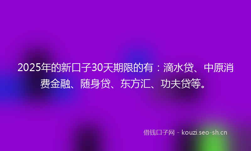 2025年的新口子30天期限的有：滴水贷、中原消费金融、随身贷、东方汇、功夫贷等。