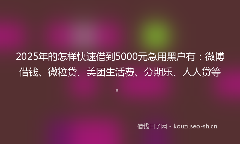 2025年的怎样快速借到5000元急用黑户有：微博借钱、微粒贷、美团生活费、分期乐、人人贷等。
