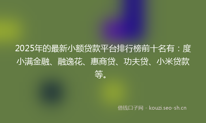 2025年的最新小额贷款平台排行榜前十名有：度小满金融、融逸花、惠商贷、功夫贷、小米贷款等。