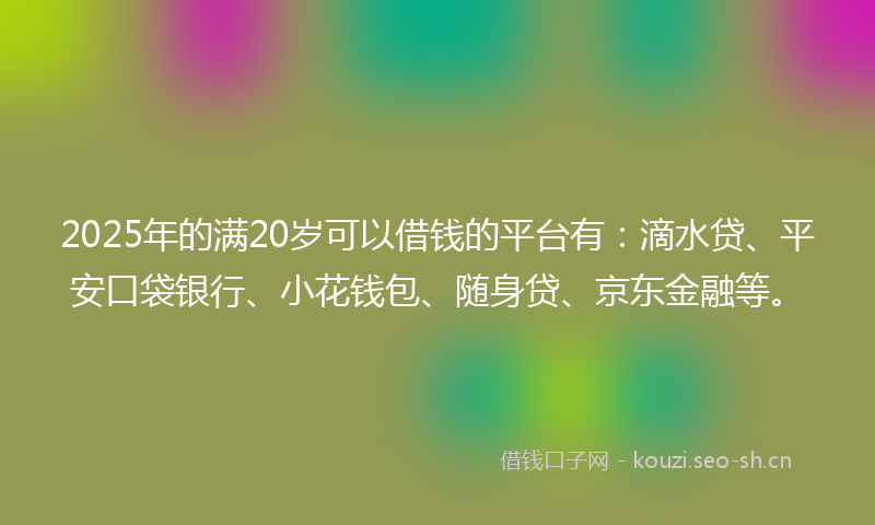2025年的满20岁可以借钱的平台有：滴水贷、平安口袋银行、小花钱包、随身贷、京东金融等。