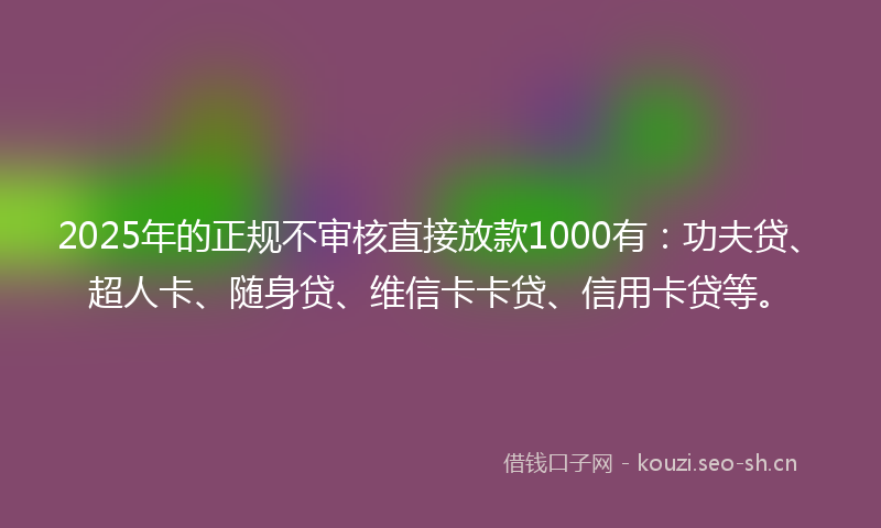 2025年的正规不审核直接放款1000有：功夫贷、超人卡、随身贷、维信卡卡贷、信用卡贷等。