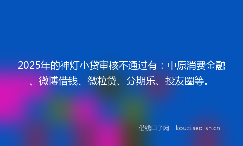 2025年的神灯小贷审核不通过有：中原消费金融、微博借钱、微粒贷、分期乐、投友圈等。