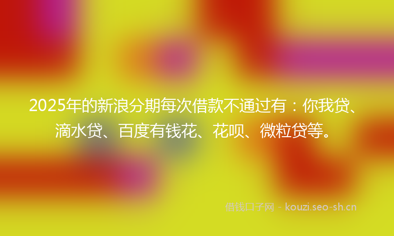 2025年的新浪分期每次借款不通过有：你我贷、滴水贷、百度有钱花、花呗、微粒贷等。