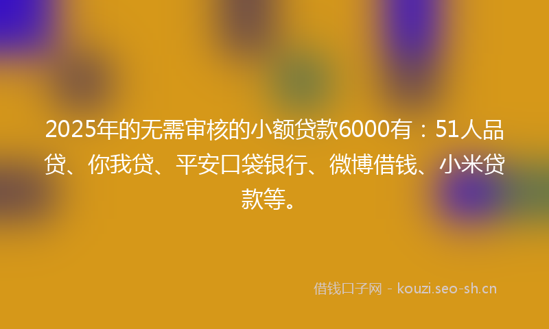 2025年的无需审核的小额贷款6000有：51人品贷、你我贷、平安口袋银行、微博借钱、小米贷款等。