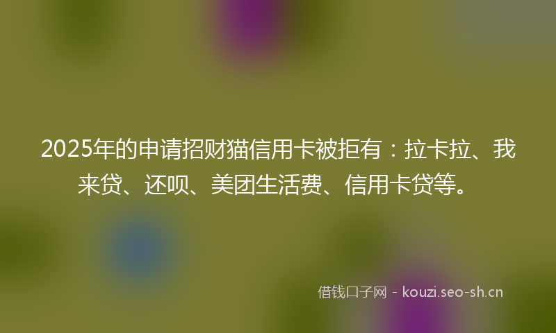 2025年的申请招财猫信用卡被拒有：拉卡拉、我来贷、还呗、美团生活费、信用卡贷等。