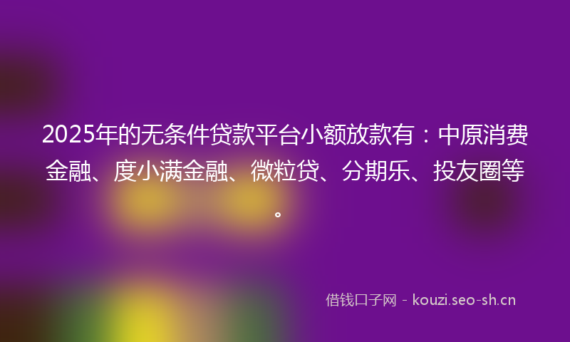2025年的无条件贷款平台小额放款有:中原消费金融、度小满金融、微粒贷、分期乐、投友圈等。
