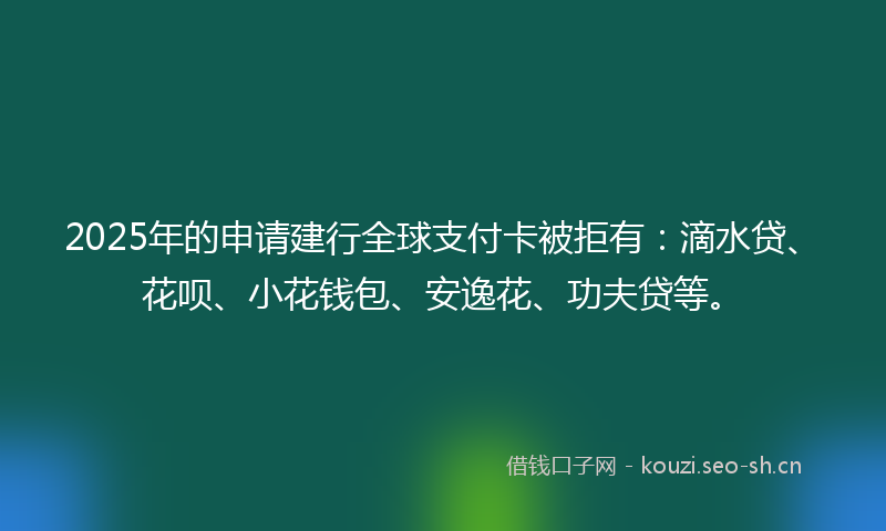 2025年的申请建行全球支付卡被拒有：滴水贷、花呗、小花钱包、安逸花、功夫贷等。