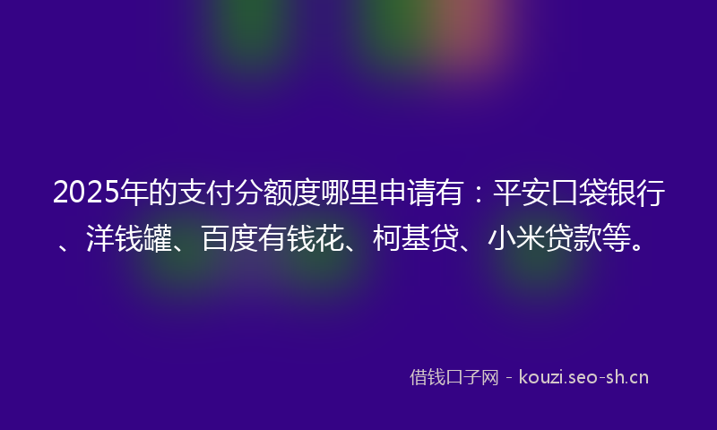 2025年的支付分额度哪里申请有:平安口袋银行、洋钱罐、百度有钱花、柯基贷、小米贷款等。
