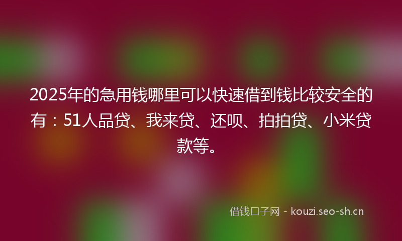 2025年的急用钱哪里可以快速借到钱比较安全的有：51人品贷、我来贷、还呗、拍拍贷、小米贷款等。